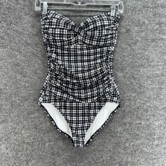 Anne Cole Swimsuit Women 8 Black Plaid Push Up Strapless Lined Nylon One Piece - Picture 1 of 4